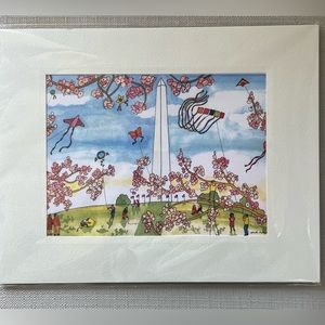 Print by Enid Romanek Washington National Monument and Cherry Blossoms.